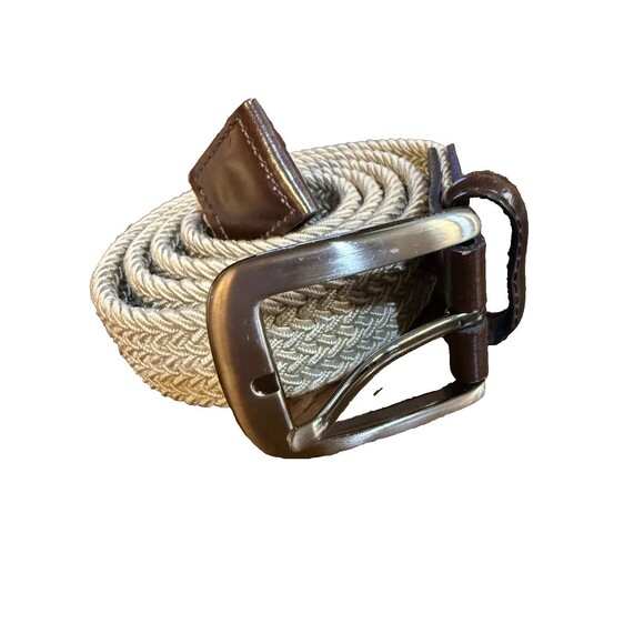 Mens Stretch Woven Belt L Khaki Brown Adjustable Leather Trim Golf Classic USA - Picture 1 of 6